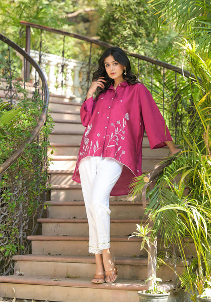 Juniper Fuchsia Thread Embroidered Chanderi Tunic With Button Closure - Distacart