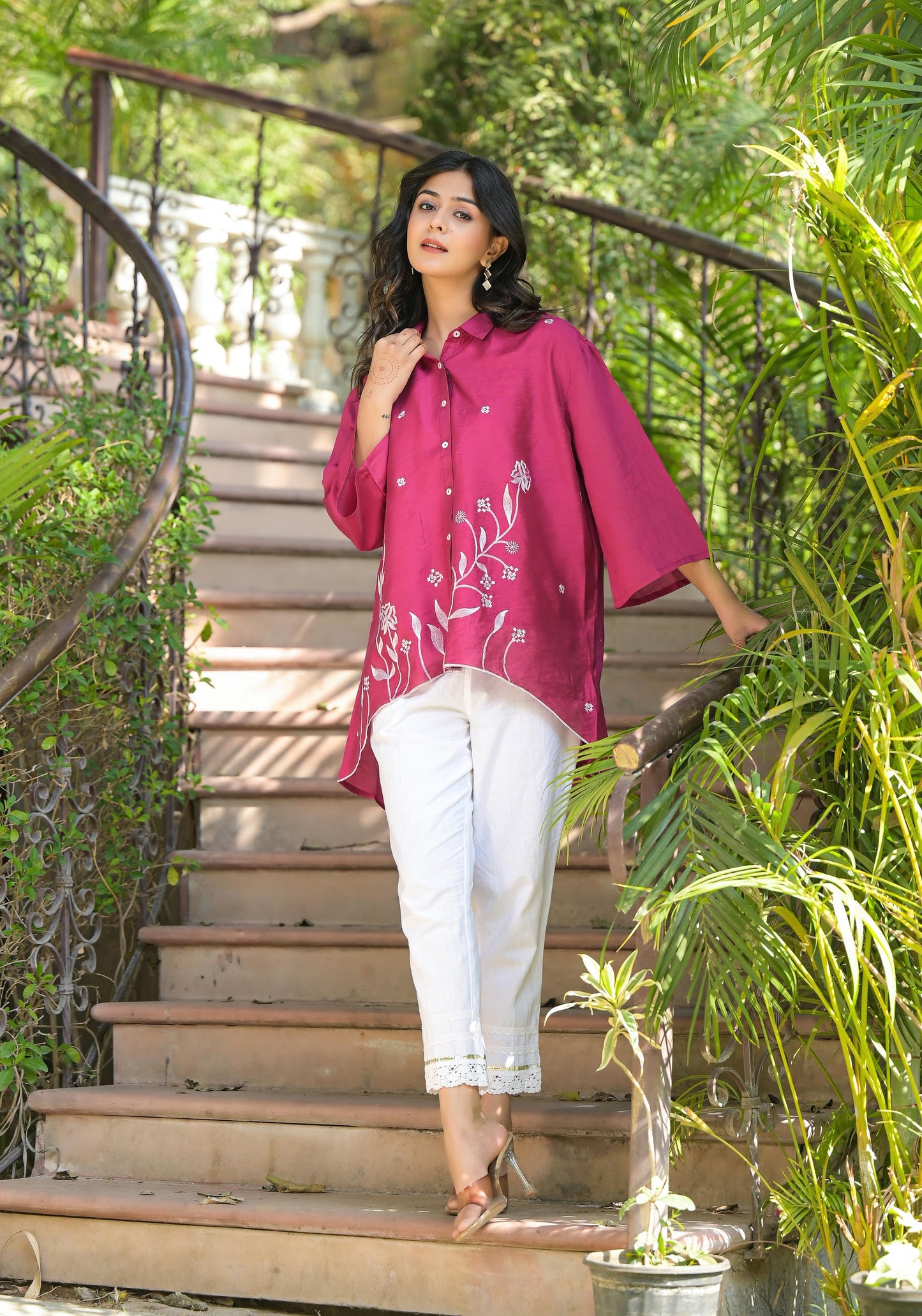 Juniper Fuchsia Thread Embroidered Chanderi Tunic With Button Closure - Distacart