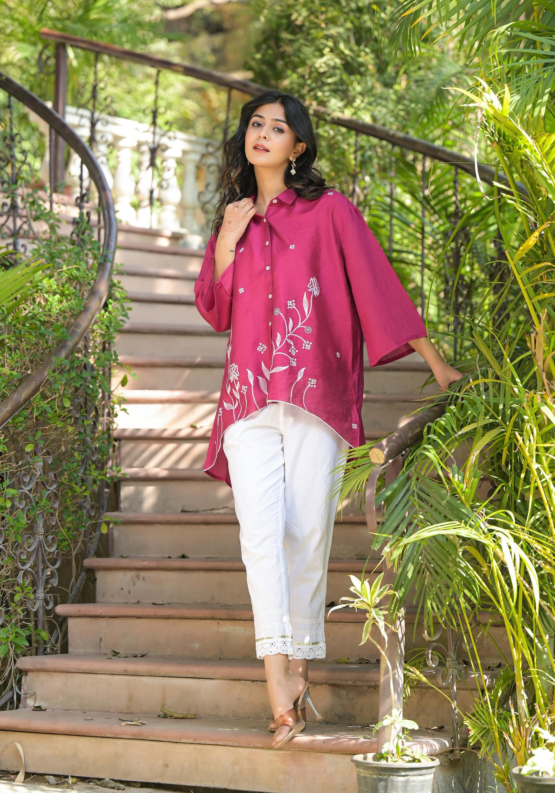 Juniper Fuchsia Thread Embroidered Chanderi Tunic With Button Closure - Distacart