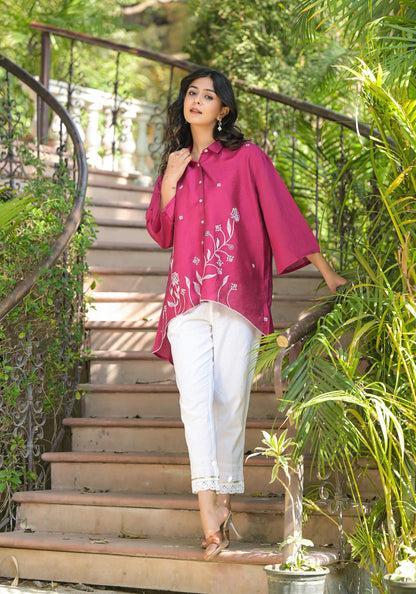 Juniper Fuchsia Thread Embroidered Chanderi Tunic With Button Closure - Distacart