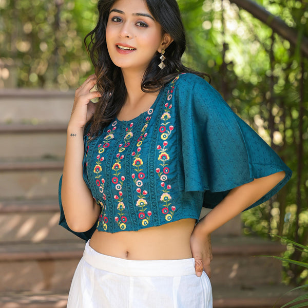 Juniper Women's Blue Thread Embroidered Rayon Top With Mirror Work - Distacart