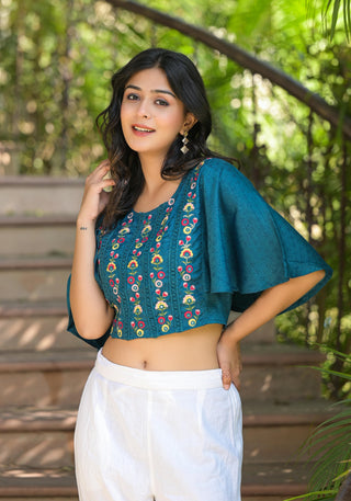 Juniper Women's Blue Thread Embroidered Rayon Top With Mirror Work - Distacart