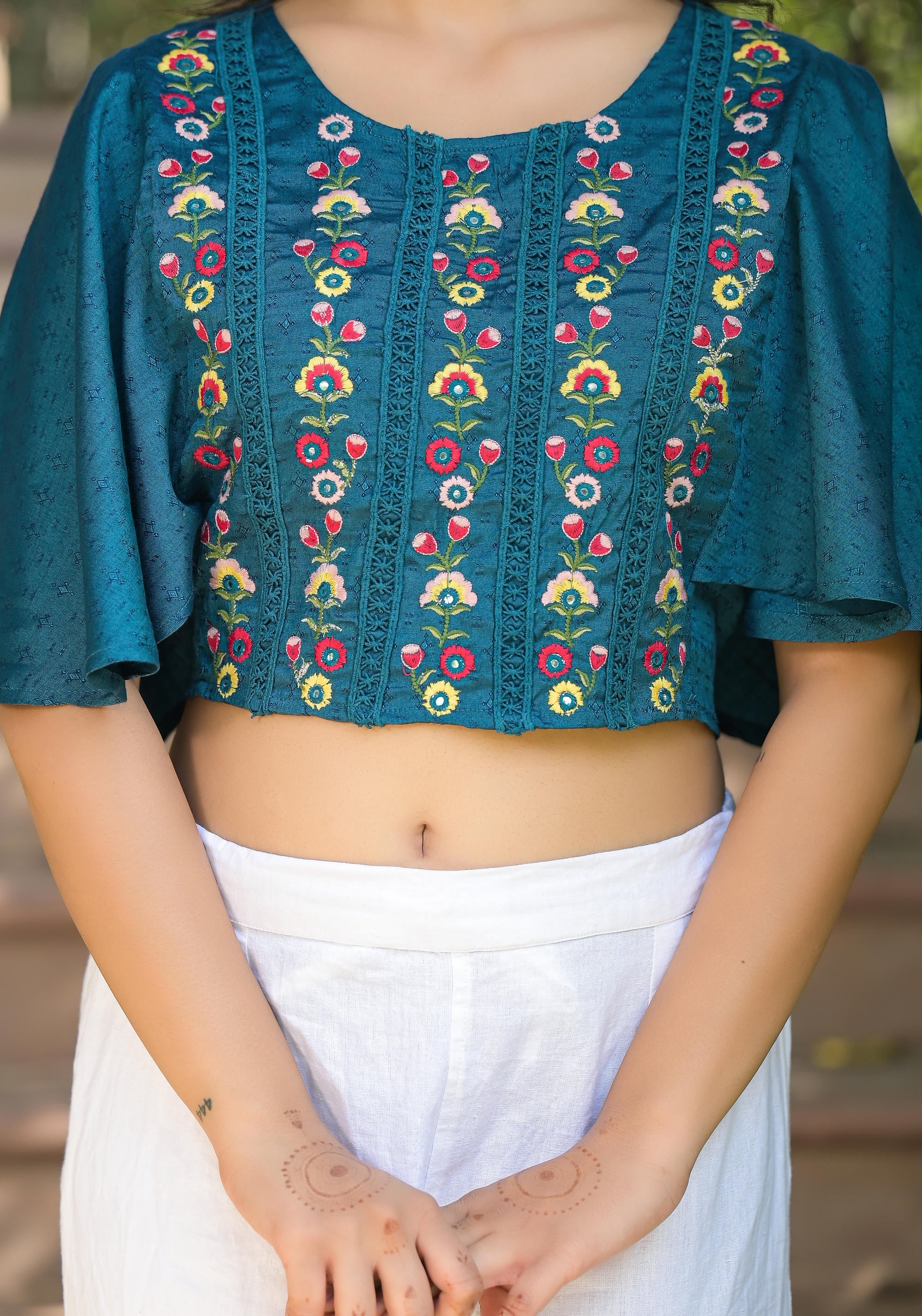 Juniper Women's Blue Thread Embroidered Rayon Top With Mirror Work - Distacart