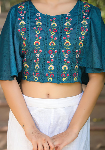 Juniper Women's Blue Thread Embroidered Rayon Top With Mirror Work - Distacart