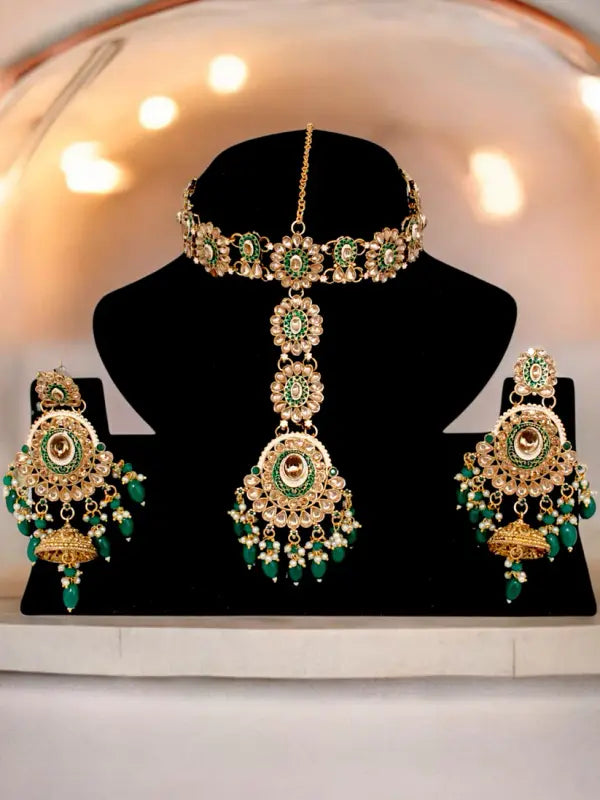 Tehzeeb Creations Traditional Designer Kundan Stone Green Meenakari Choker Bridal Set - Distacart