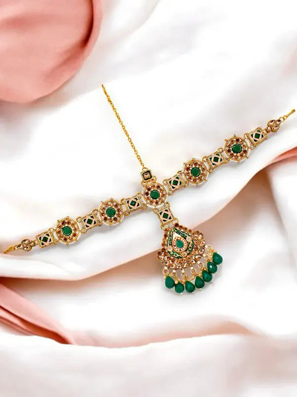 Tehzeeb Creations Traditional Designer Kundan Stone Green Meenakari Choker Bridal Set - Distacart