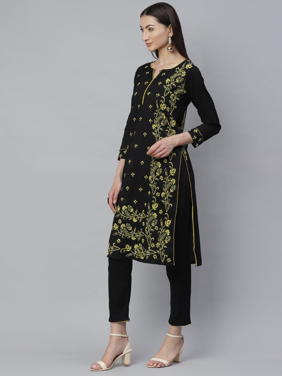ADA Women Black & Yellow Chikankari Hand Embroidered Sustainable Handloom Kurta with Trousers - Distacart