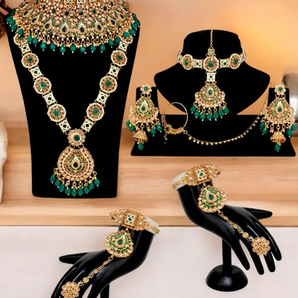 Tehzeeb Creations Traditional Designer Kundan Stone Green Meenakari Choker Bridal Set - Distacart