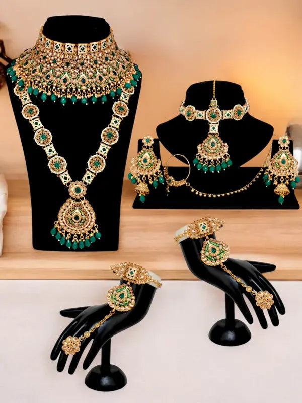 Tehzeeb Creations Traditional Designer Kundan Stone Green Meenakari Choker Bridal Set - Distacart