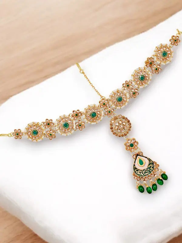Tehzeeb Creations Traditional Designer Kundan Stone Green Meenakari Choker Bridal Set - Distacart
