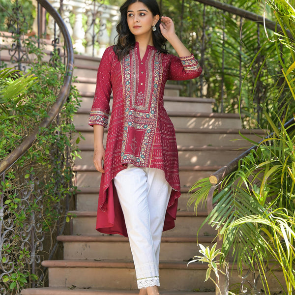 Juniper Maroon Bandhani Printed Liva Rayon Tunic With Sequins & Thread Work - Distacart