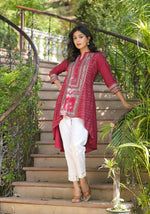 Thumbnail for Juniper Maroon Bandhani Printed Liva Rayon Tunic With Sequins & Thread Work - Distacart