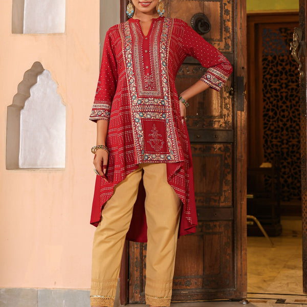 Juniper Women Maroon Liva Rayon Foil Printed High-Low Tunic - Distacart