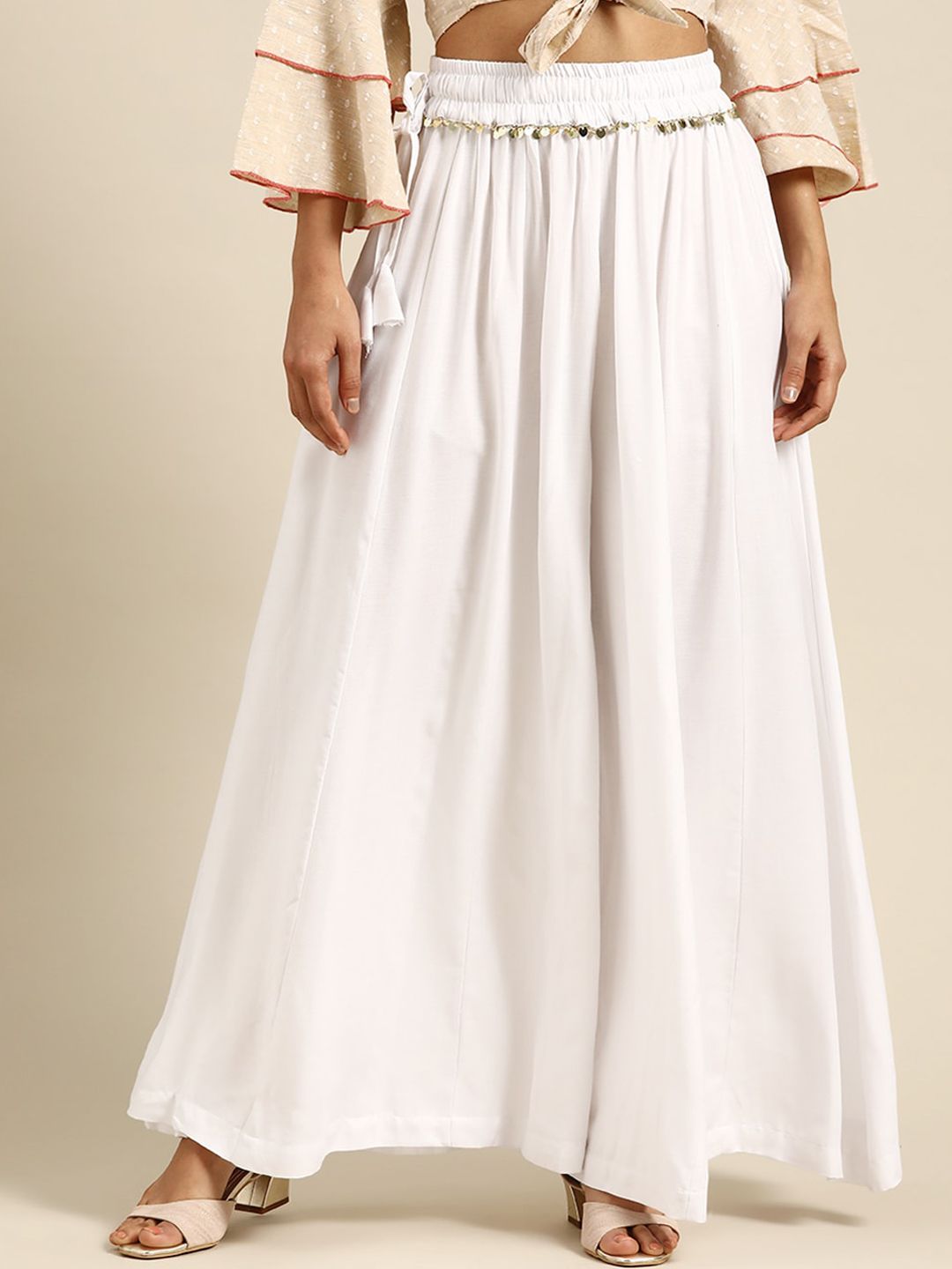 TAG 7 Women Black & White Solid Flared Palazzos - Distacart