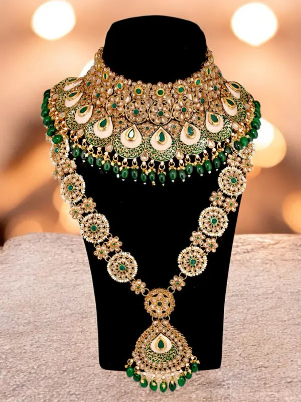 Tehzeeb Creations Traditional Designer Kundan Stone Green Meenakari Choker Bridal Set - Distacart
