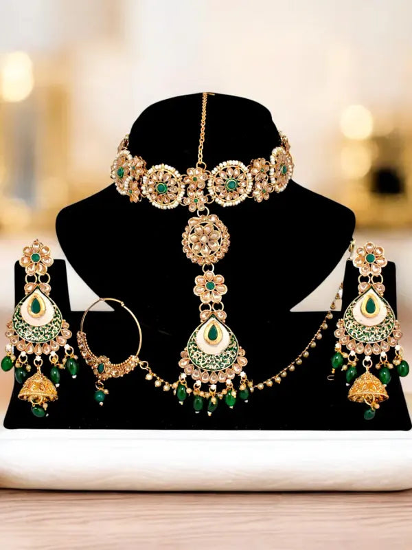 Tehzeeb Creations Traditional Designer Kundan Stone Green Meenakari Choker Bridal Set - Distacart