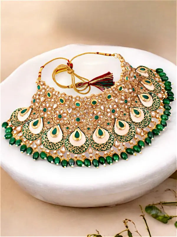 Tehzeeb Creations Traditional Designer Kundan Stone Green Meenakari Choker Bridal Set - Distacart