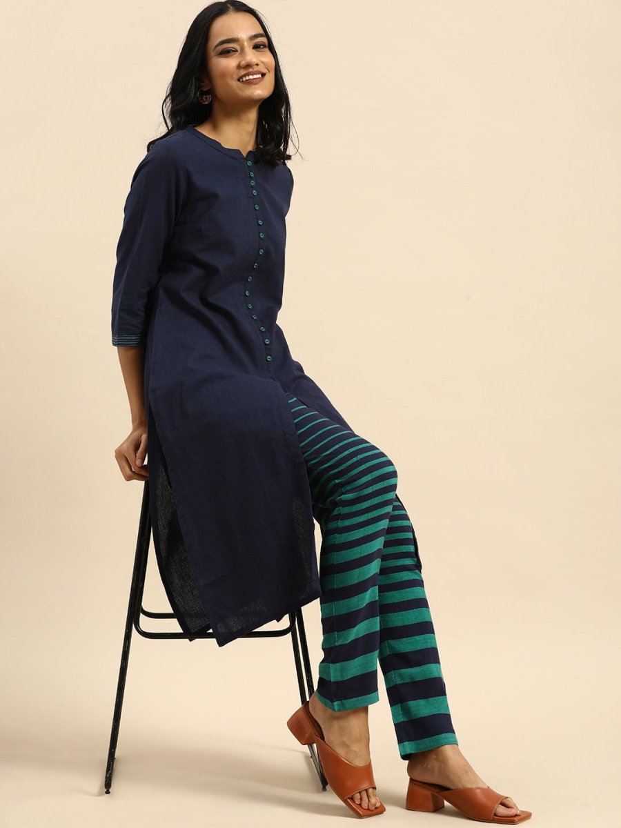 All About You Women Blue & Green Pure Cotton Kurta with Trousers - Distacart