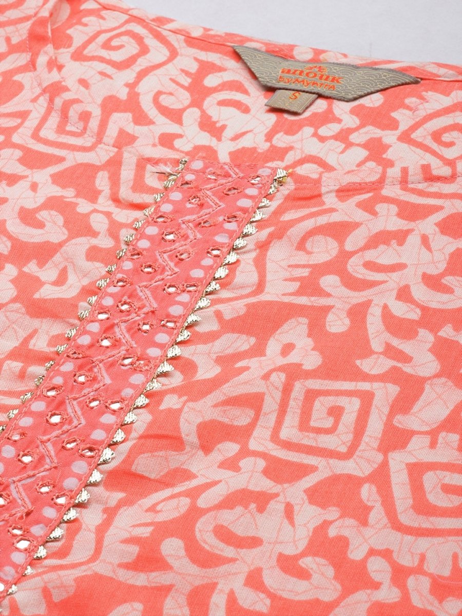Anouk Coral Pink & White Ethnic Print Mirror Work Cotton Straight Kurta Trousers Dupatta - Distacart