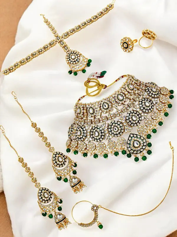 Tehzeeb Creations Traditional Designer Kundan Stone Green Meenakari Choker Bridal Set - Distacart
