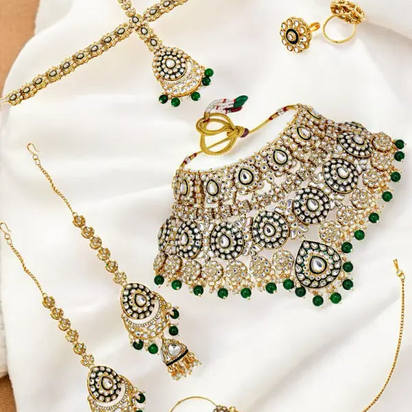Tehzeeb Creations Traditional Designer Kundan Stone Green Meenakari Choker Bridal Set - Distacart