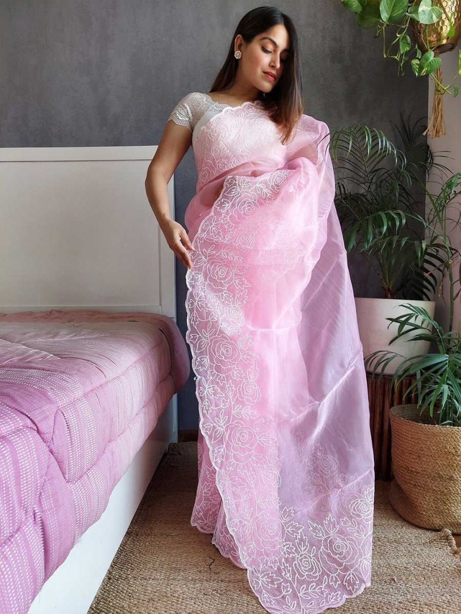 Anouk Pink Floral Embroidered Organza Saree - Distacart