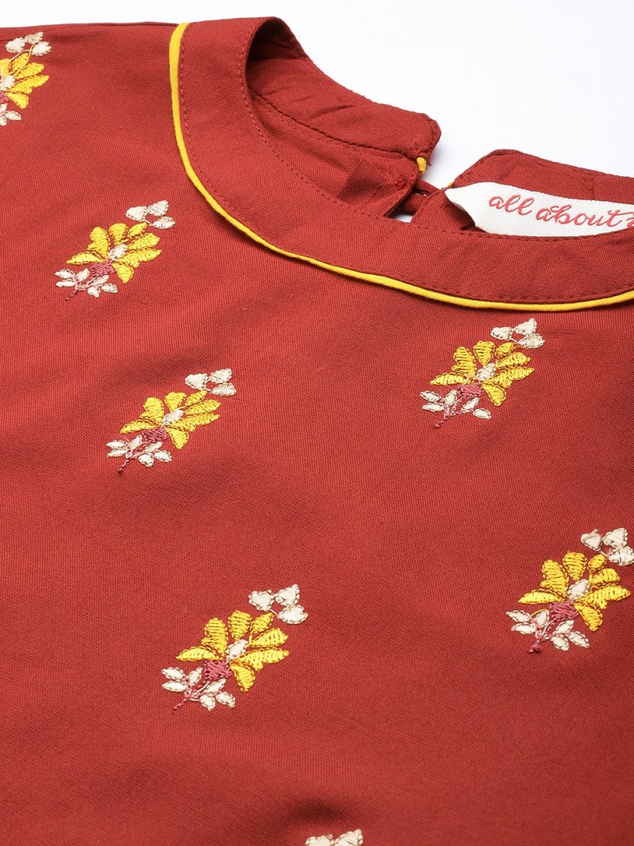 All About You Women Red Floral Embroidered Regular Thread Work Kurta with Trousers - Distacart