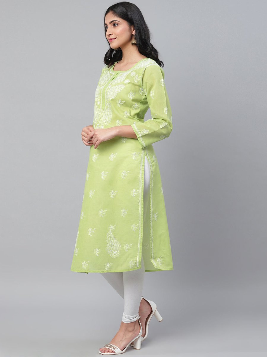 ADA Women Green & White Chikankari Hand Embroidered Straight Sustainable Handloom Kurta - Distacart