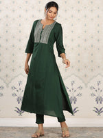Thumbnail for Ode by House of Pataudi Yoke Design Embroidered Kurta with Trousers - Distacart