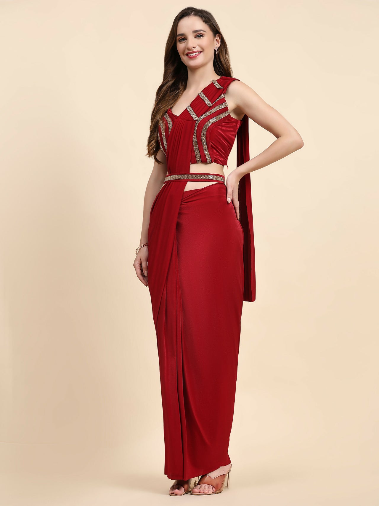 Red Imported Crystle Solid Ready to Wear Saree with stitched Blouse - Nita - Distacart