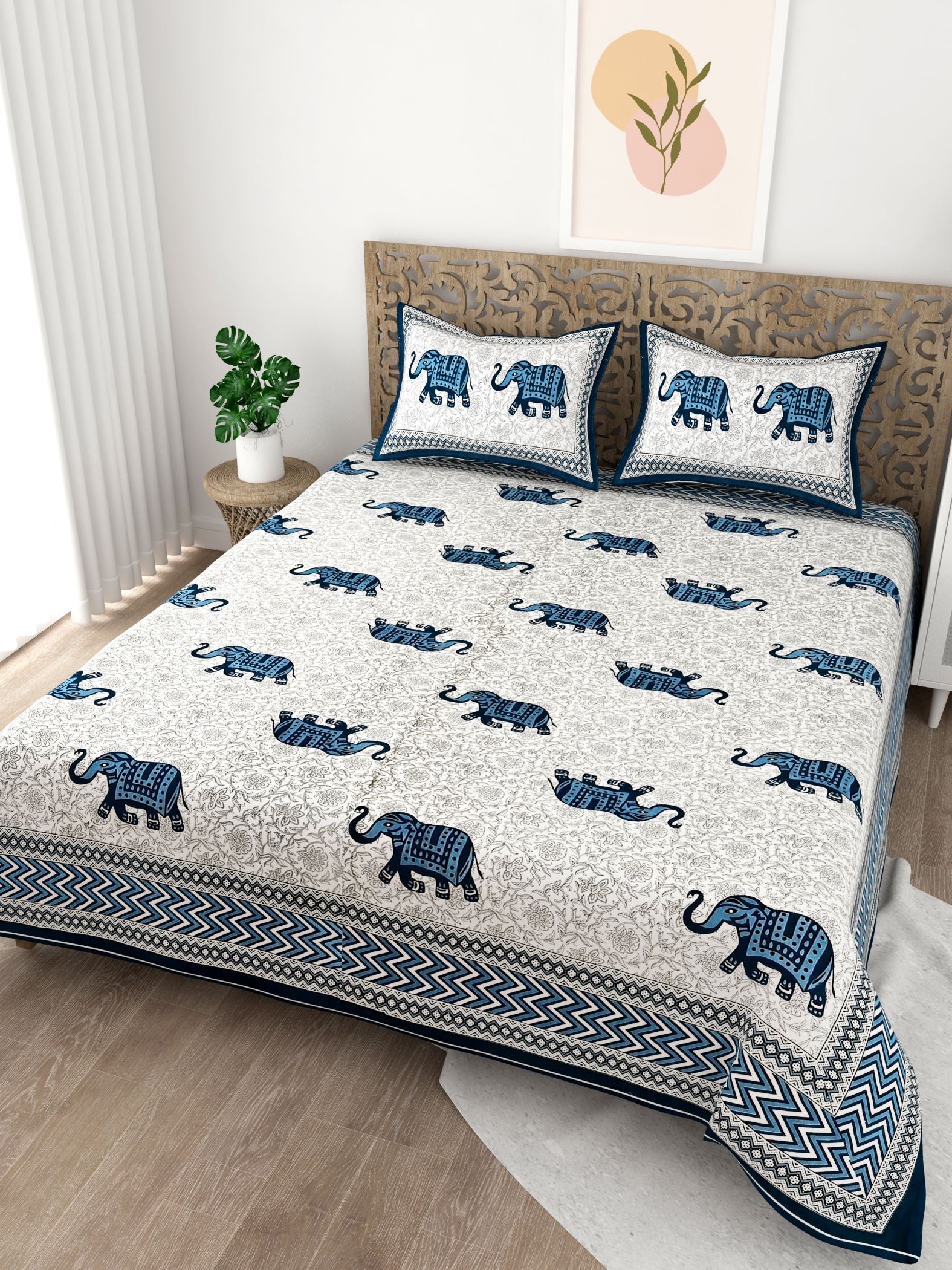 Blue White Elephant Design Cotton 200TC King Bedsheet With 2 Zipper Pillow Covers - King Size by House of Ree - Distacart