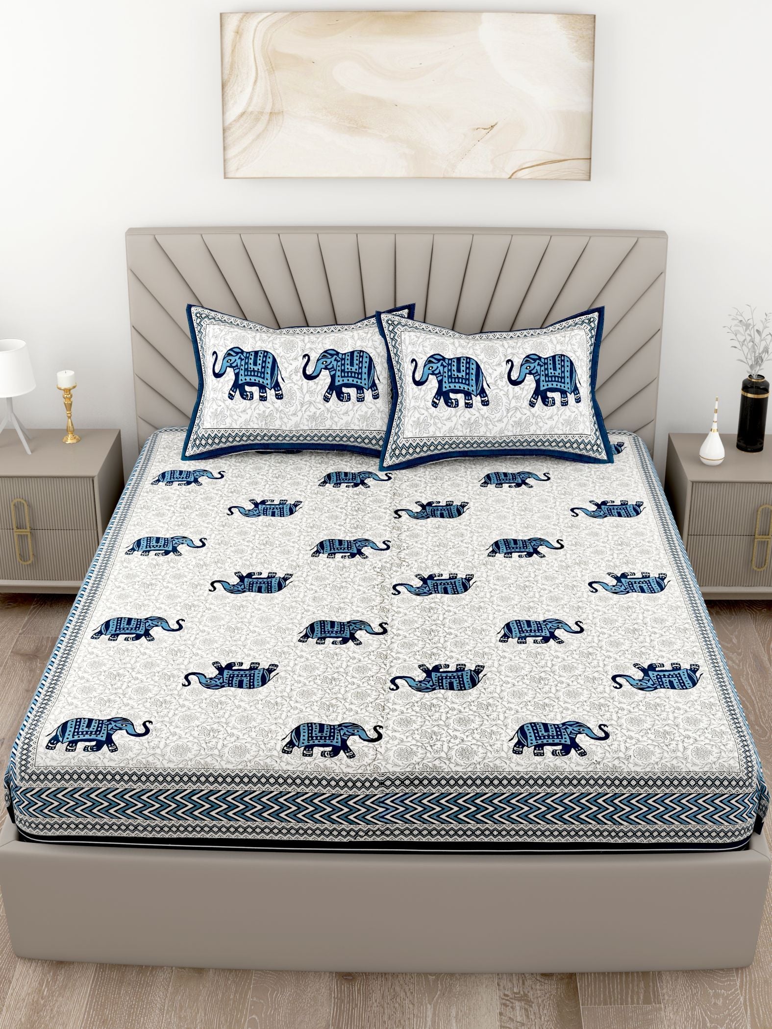 Blue White Elephant Design Cotton 200TC King Bedsheet With 2 Zipper Pillow Covers - King Size by House of Ree - Distacart