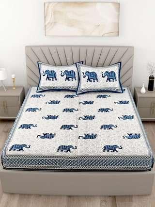 Blue White Elephant Design Cotton 200TC King Bedsheet With 2 Zipper Pillow Covers - King Size by House of Ree - Distacart