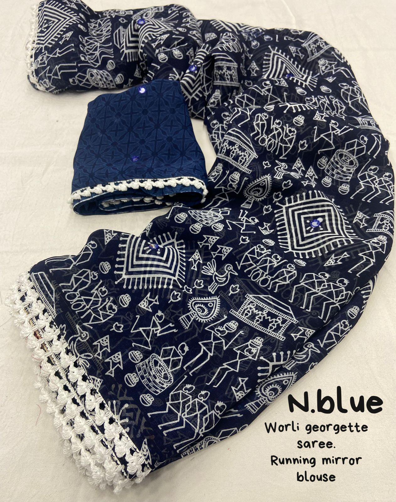 Blue Poly Georgette Ethnic Motifs Saree with Unstitched Blouse - Hiral Fashion - Distacart