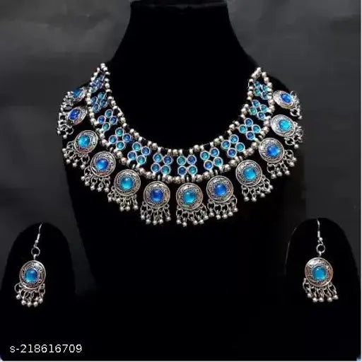 Tehzeeb Creations Women's Silver Colour Oxidised Necklace Set With Meenakari Work - Distacart