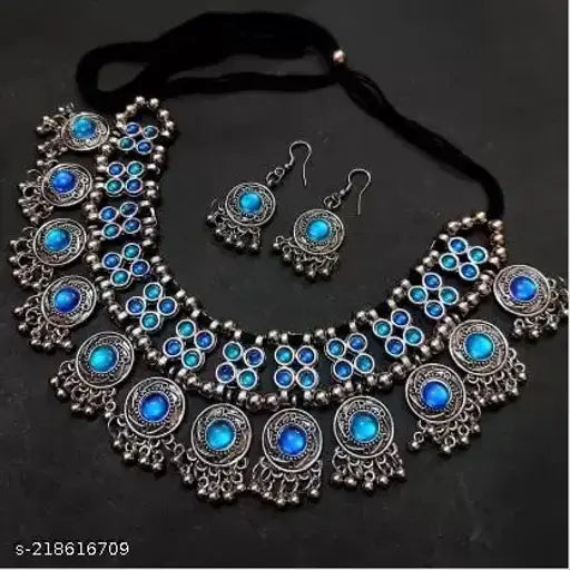 Tehzeeb Creations Women's Silver Colour Oxidised Necklace Set With Meenakari Work - Distacart