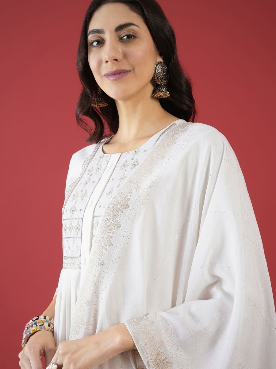 Anouk White Ethnic Motifs Yoke Design Zari Pleated Kurta With Trousers & Dupatta - Distacart
