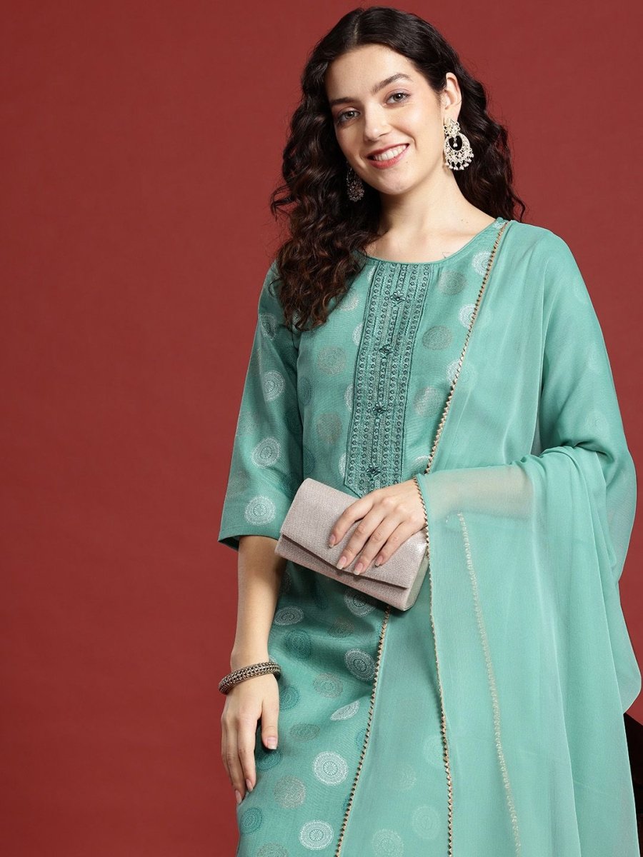 Anouk Ethnic Motifs Foil Printed Regular Sequinned Kurta with Trousers & Dupatta - Distacart