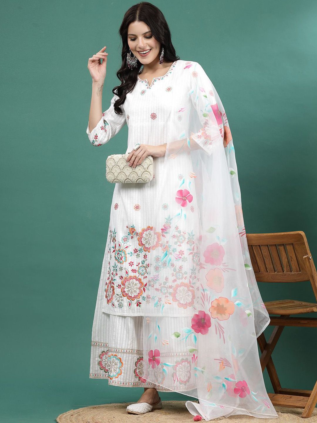 Sangria Embroidered Notch Neck Straight Kurta With Palazzo & Dupatta Set - Distacart