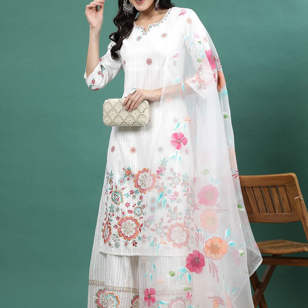 Sangria Embroidered Notch Neck Straight Kurta With Palazzo & Dupatta Set - Distacart