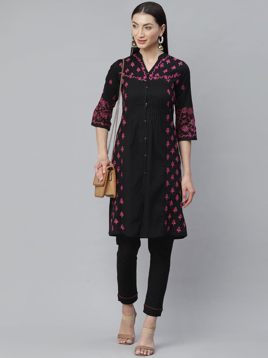 ADA Women Black & Pink Chikankari Hand Embroidered Sustainable Handloom Kurta with Trousers - Distacart
