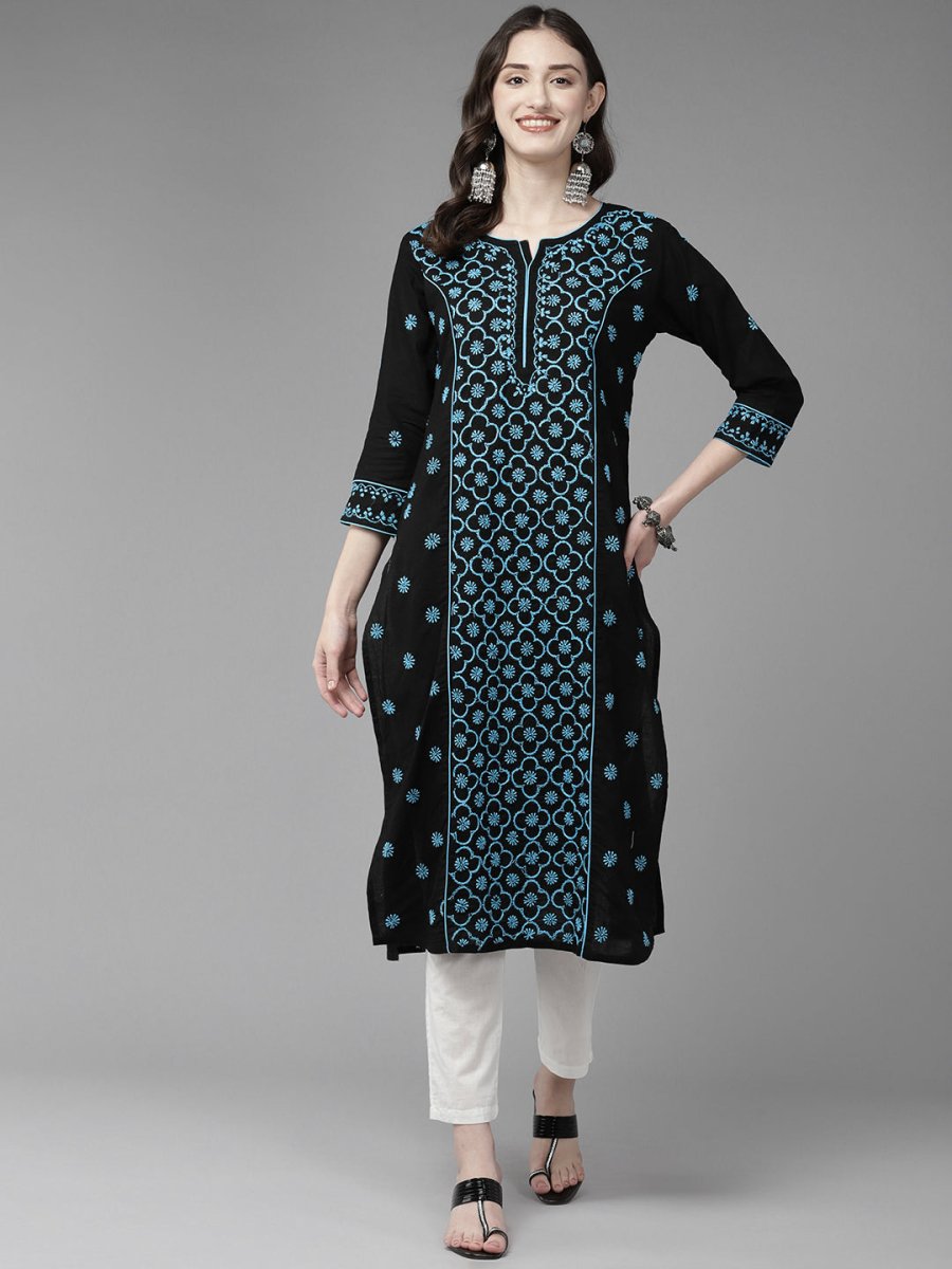 ADA Women Floral Embroidered Cotton Chikankari Kurta - Distacart