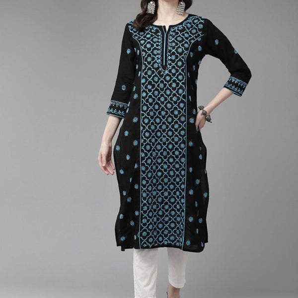 ADA Women Floral Embroidered Cotton Chikankari Kurta - Distacart