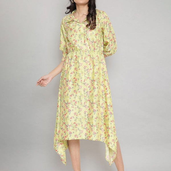 AURELIA Green Floral Printed Asymmetric Midi Shirt Dress - Distacart