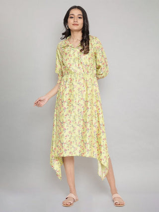 AURELIA Green Floral Printed Asymmetric Midi Shirt Dress - Distacart
