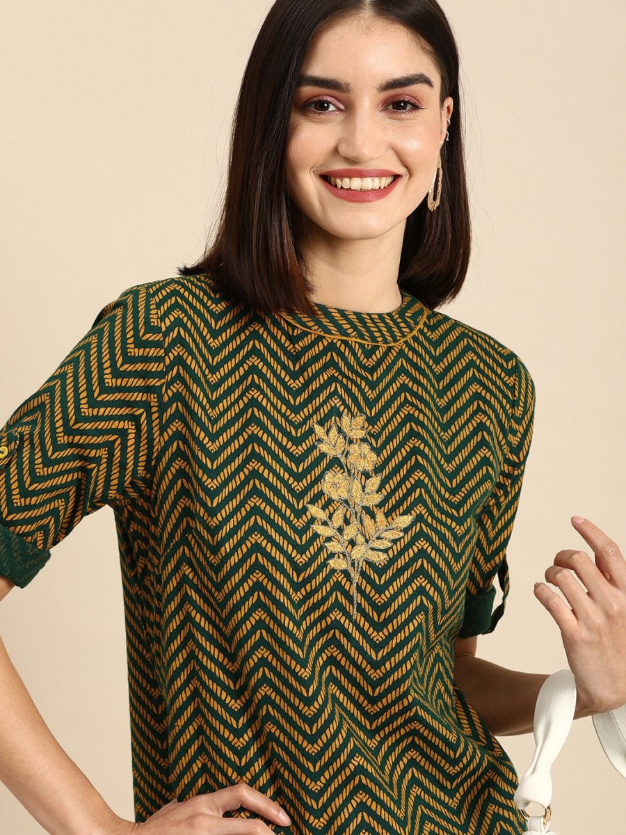 All About You Women Green & Yellow Floral Embroidered Thread Work Pure Cotton Kurta - Distacart