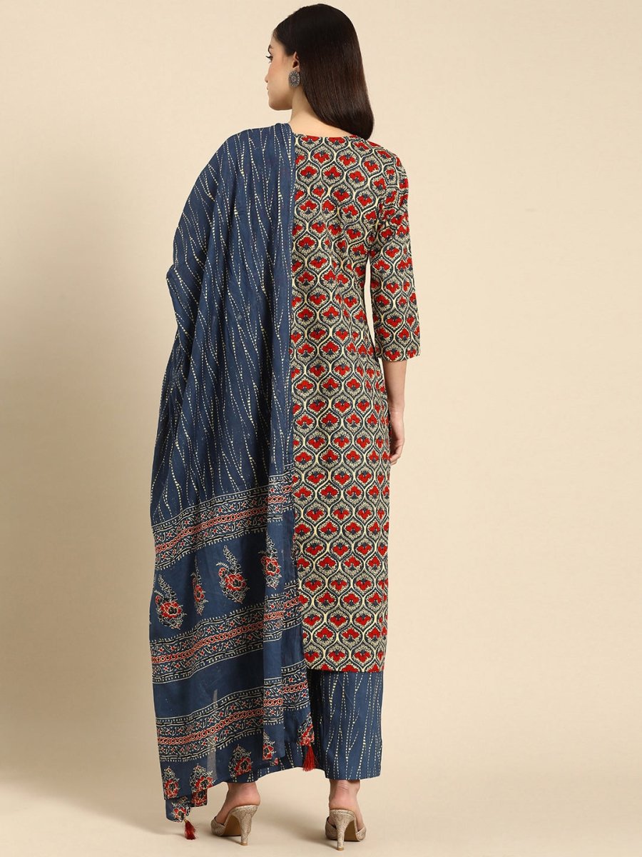 Anouk Women Blue Ethnic Motifs Printed Regular Pure Cotton Kurta With Palazzos & Dupatta - Distacart
