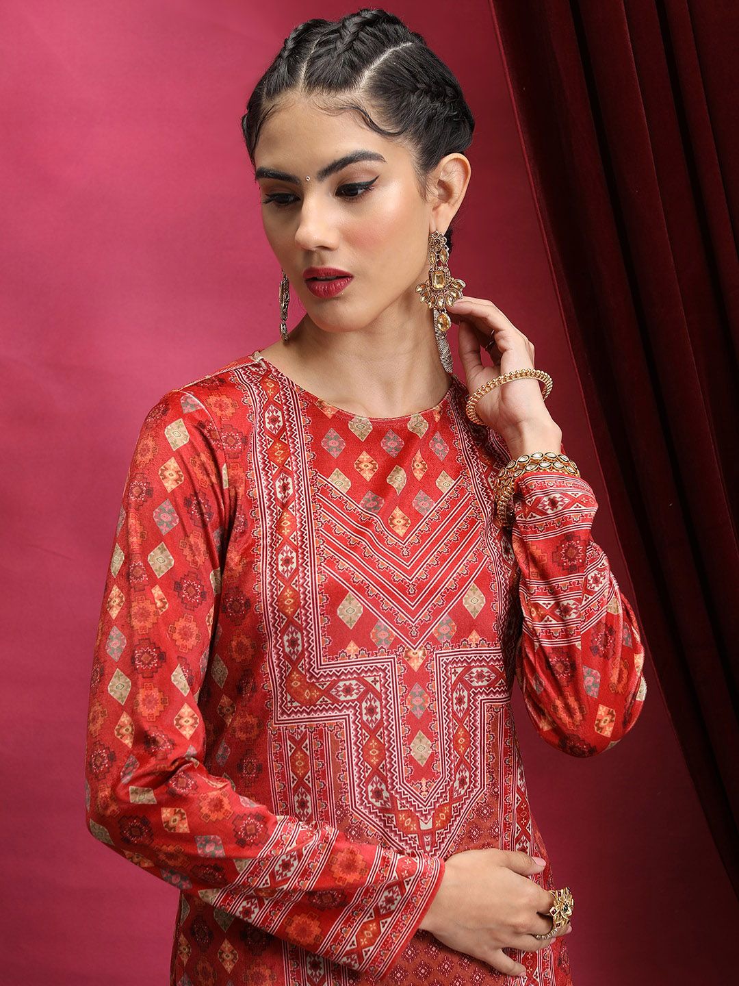 Vishudh Red Ethnic Motifs Printed Neck Straight Kurta - Distacart