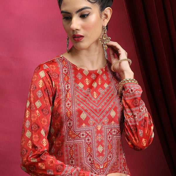 Vishudh Red Ethnic Motifs Printed Neck Straight Kurta - Distacart