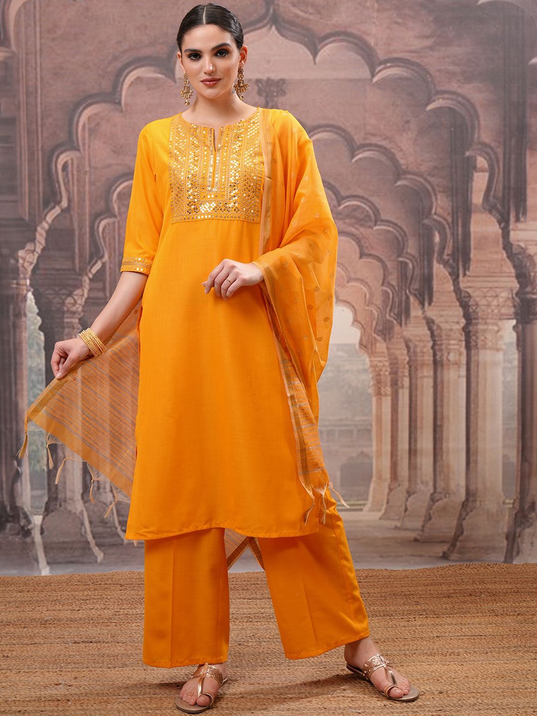 Vishudh Yellow Floral Embroidered Mirror Work Straight Kurta with Palazzo & Dupatta - Distacart